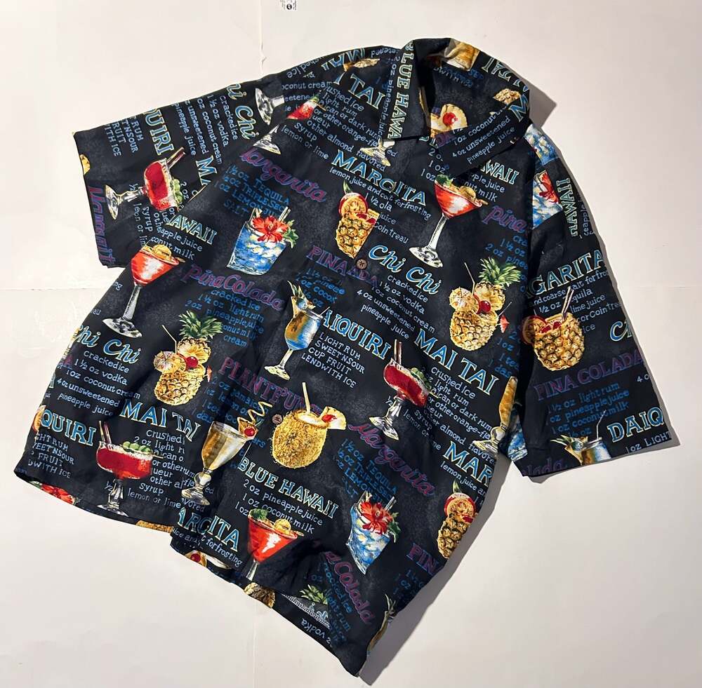 Vintage Bill Blass Cocktail Recipes Graphic Button-Up Camp Shirt
